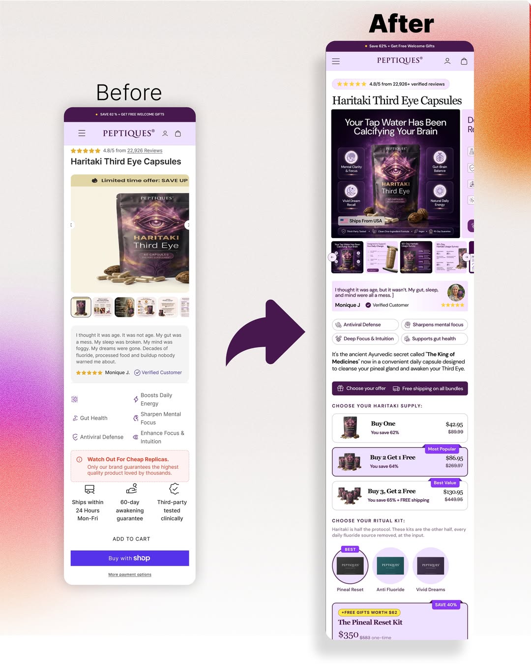Product page rebuild before and after