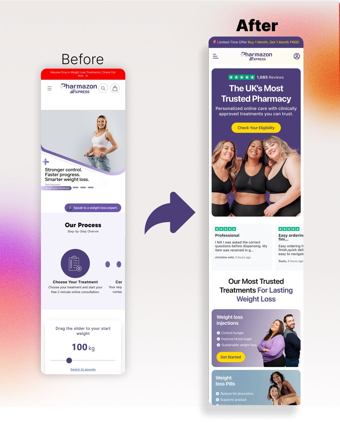 Product page rebuild before and after