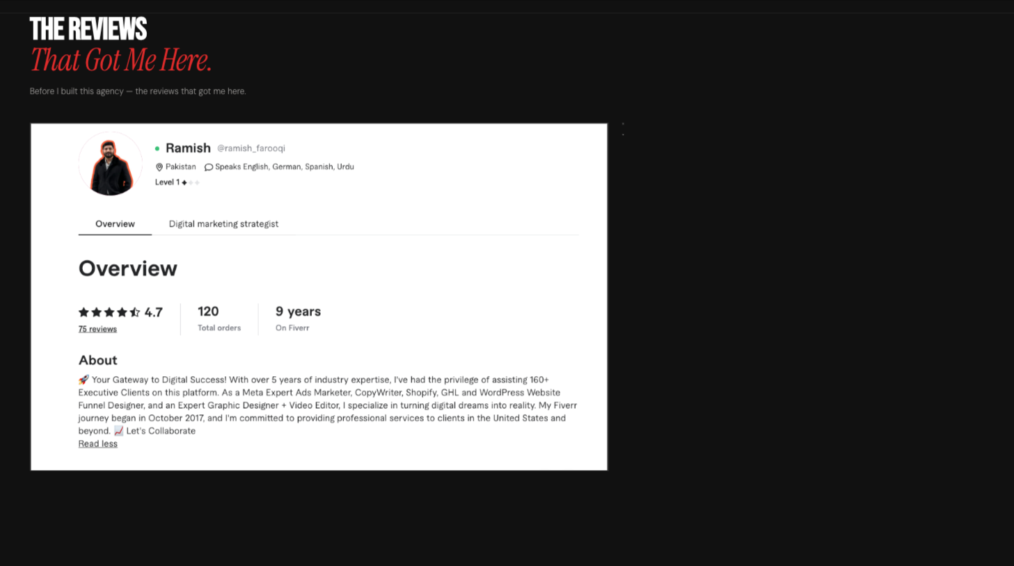 Ramish Farooqi Fiverr profile — 4.7 rating, 120 total orders, nine years on the platform